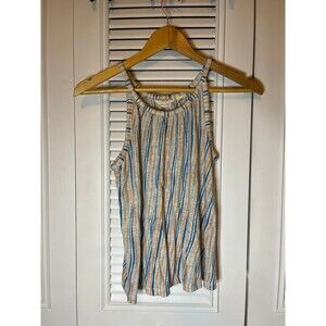 CHRISTIAN SIRIANO  Linen Striped Blue and Orange Tank Top Coastal Small